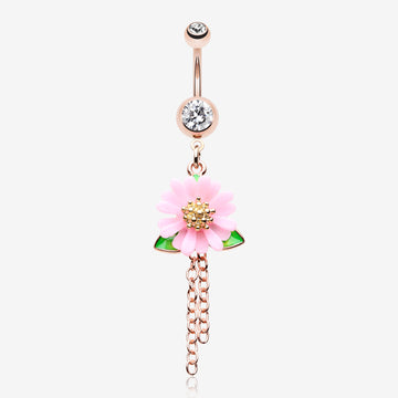 Golden Adorable Pink Daisy Sparkle Belly Button Ring-Clear Gem